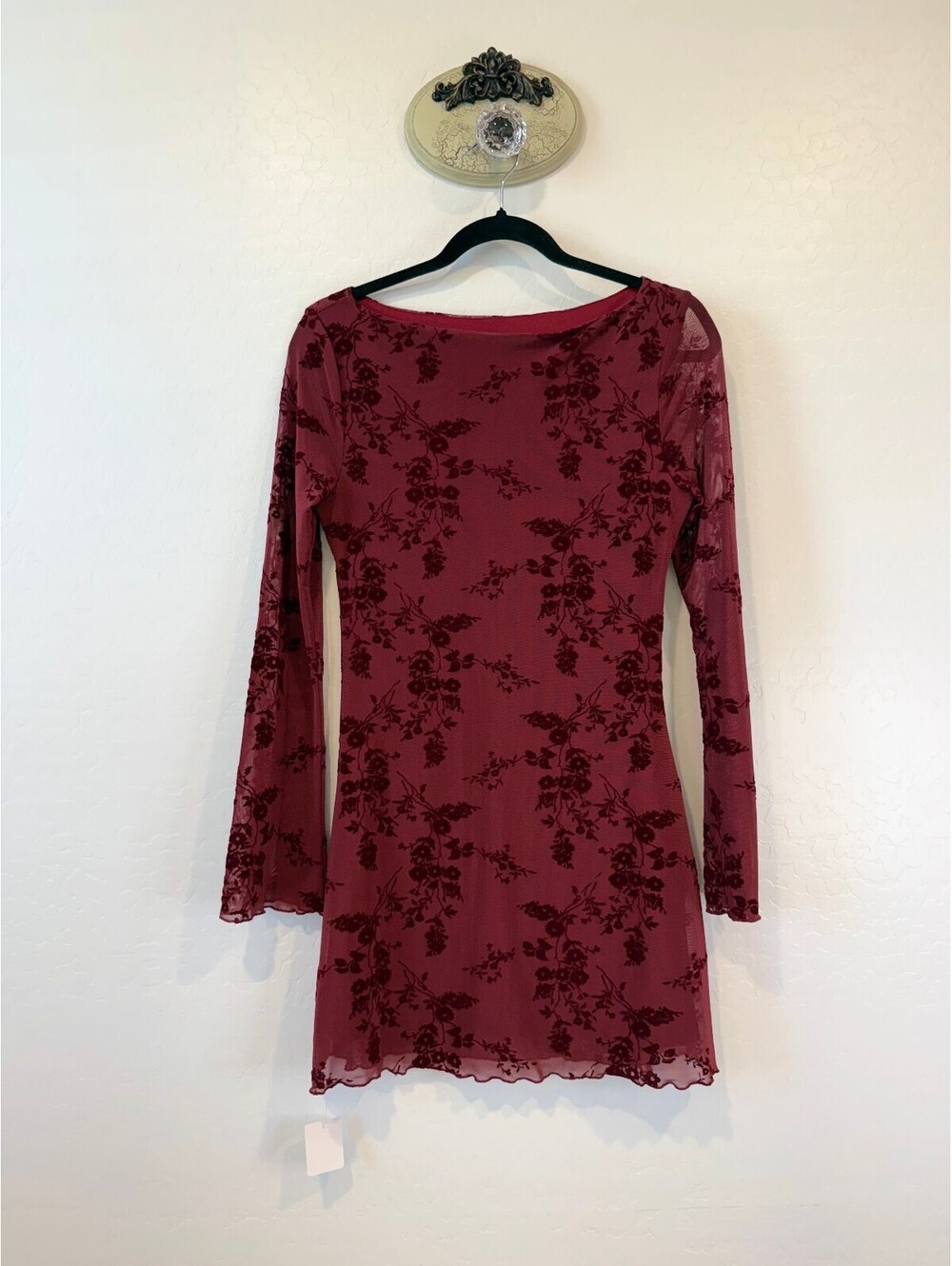 Sevila Long Sleeve Mini Dress in Flocked Botanical Flower Maroon- Size Large